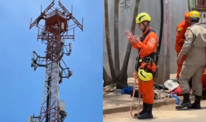 Bombeiro faz oração enquanto colega resgata homem em torre e cena emociona em Goiás